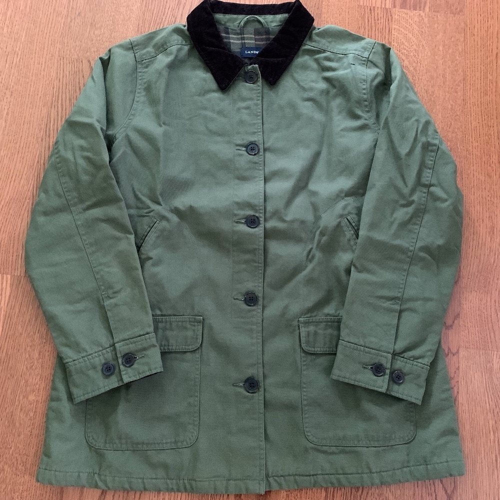 Lands' End Olive Green Utility Jacket with Black Corduroy Collar